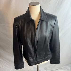 Valerie Stevens Black Leather Jacket Collared Zip Front Size Medium